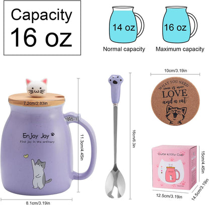 Cute Cat Cup Ceramic Coffee Mug with Kawaii Cat Wooden Lid, Lovely Stainless Steel Spoon, Anime Kitty Thicken Wooden Coaster, Christmas Birthday Cute Thing Japanese Mug 16oz (Blue)
