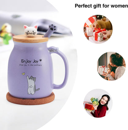 Cute Cat Cup Ceramic Coffee Mug with Kawaii Cat Wooden Lid, Lovely Stainless Steel Spoon, Anime Kitty Thicken Wooden Coaster, Christmas Birthday Cute Thing Japanese Mug 16oz (Blue)