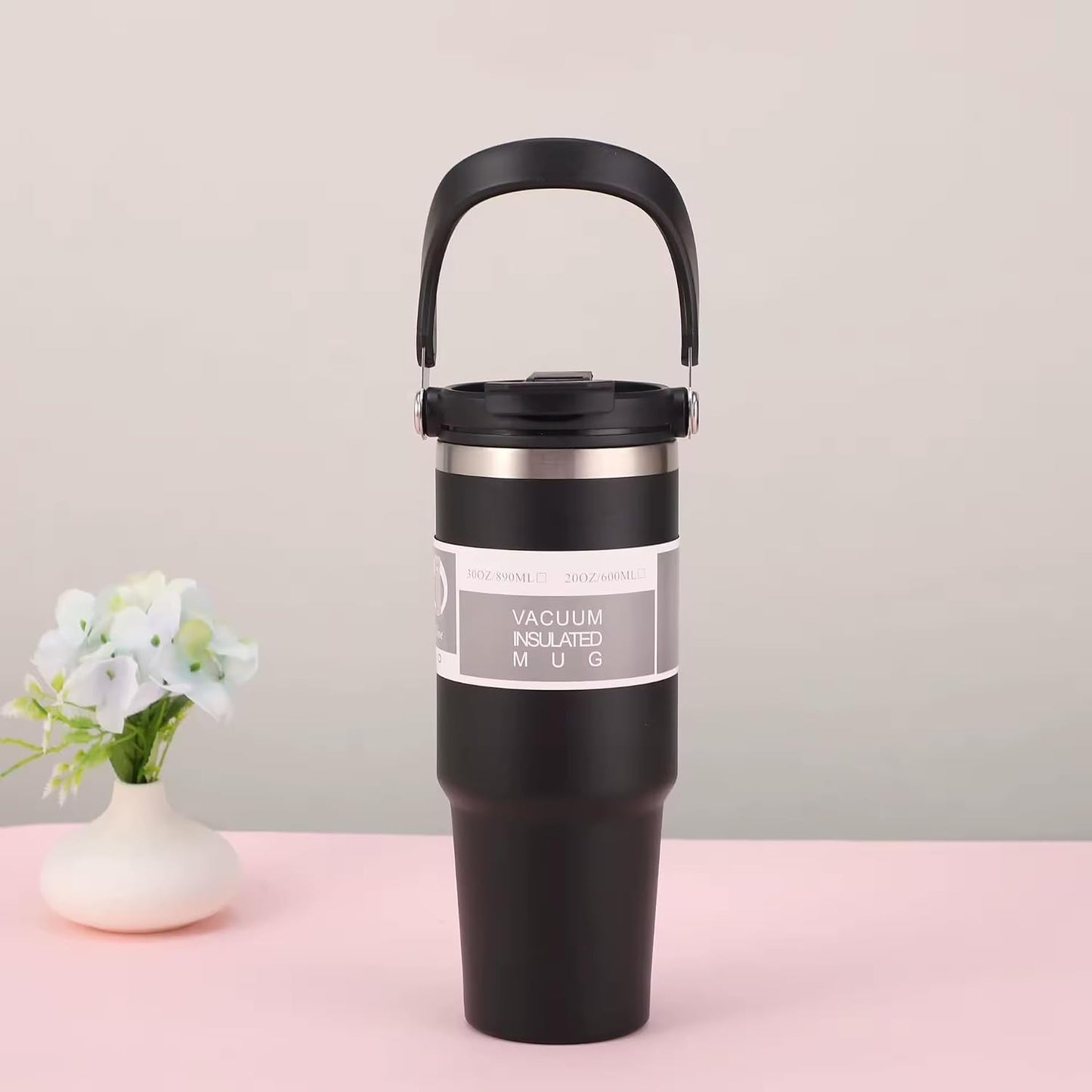 30oz Stainless Steel Vacuum Insulated Tumbler with 3-Way Lid & Foldable Handle – Double Wall Travel Mug, Leak Resistant, Keeps Drinks Hot & Cold for Hours (Pink)