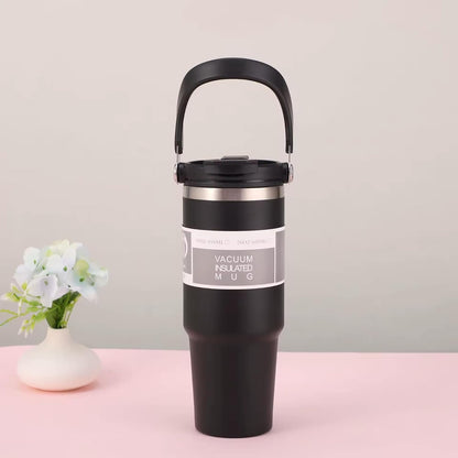 30oz Stainless Steel Vacuum Insulated Tumbler with 3-Way Lid & Foldable Handle – Double Wall Travel Mug, Leak Resistant, Keeps Drinks Hot & Cold for Hours (Pink)