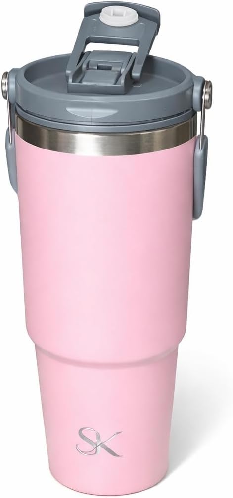 30oz Stainless Steel Vacuum Insulated Tumbler with 3-Way Lid & Foldable Handle – Double Wall Travel Mug, Leak Resistant, Keeps Drinks Hot & Cold for Hours (Pink)