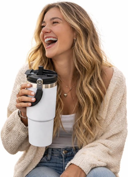 30oz Stainless Steel Vacuum Insulated Tumbler with 3-Way Lid & Foldable Handle – Double Wall Travel Mug, Leak Resistant, Keeps Drinks Hot & Cold for Hours (Pink)