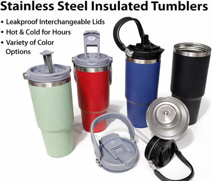 30oz Stainless Steel Vacuum Insulated Tumbler with 3-Way Lid & Foldable Handle – Double Wall Travel Mug, Leak Resistant, Keeps Drinks Hot & Cold for Hours (Pink)