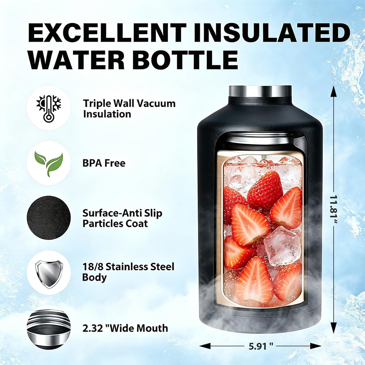 32 oz Insulated Water Bottle Stainless Steel Triple-Wall with Straw Lid Set - Colors A