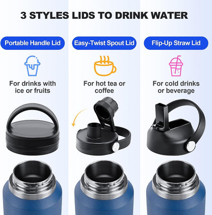 32 oz Insulated Water Bottle Stainless Steel Triple-Wall with Straw Lid Set - Colors A