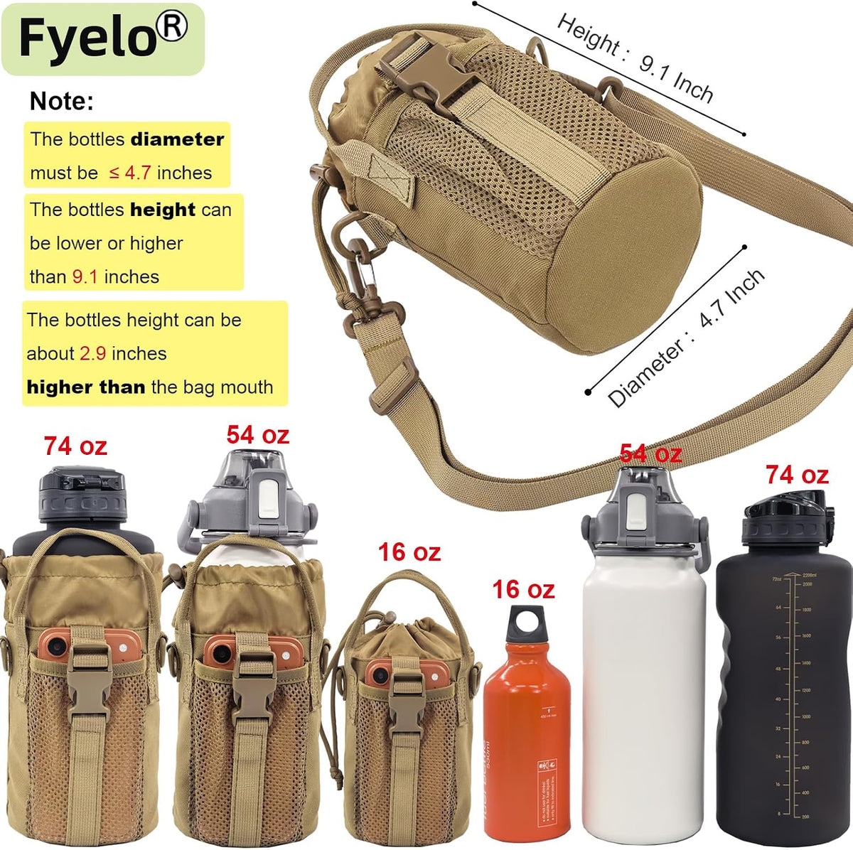 Tactical MOLLE Bottle Pouch Basic Style & Enhanced with Shoulder Strap