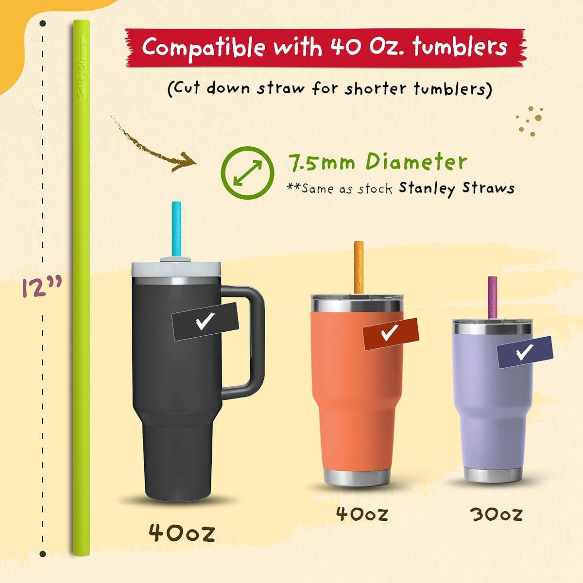 Premium Reusable Silicone Straws for Stanley 40 Oz Tumbler - Replacement 12 Inch Extra Long for Tall Size Simple Modern, Quencher, Yeti, Meoky - Included Cleaning Tools BPA Free Flexible