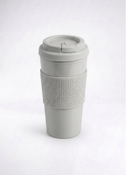 Reusable Coffee Travel Mug 16 oz with Lid, Plastic Tumbler with Grip Sleeve, Hot and Cold Drinks, Travel Cup Blue (Gray)