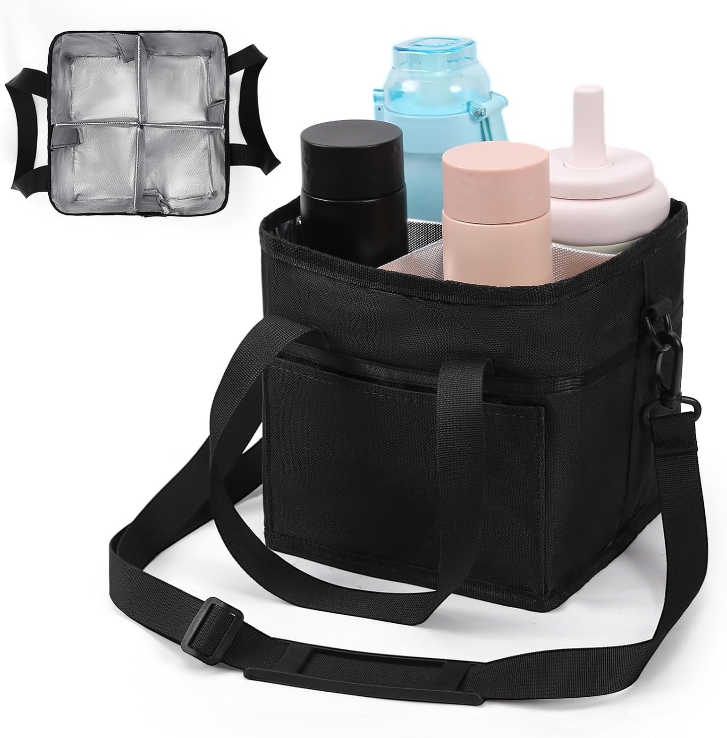 4 Compartment Insulated Drink Carrier, Family Size Water Bottle Tote with Adjustable Strap & Handle, Foldable Tumbler Caddy for Car, Travel, Picnic & Daily Use