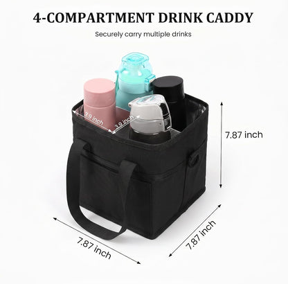 4 Compartment Insulated Drink Carrier, Family Size Water Bottle Tote with Adjustable Strap & Handle, Foldable Tumbler Caddy for Car, Travel, Picnic & Daily Use