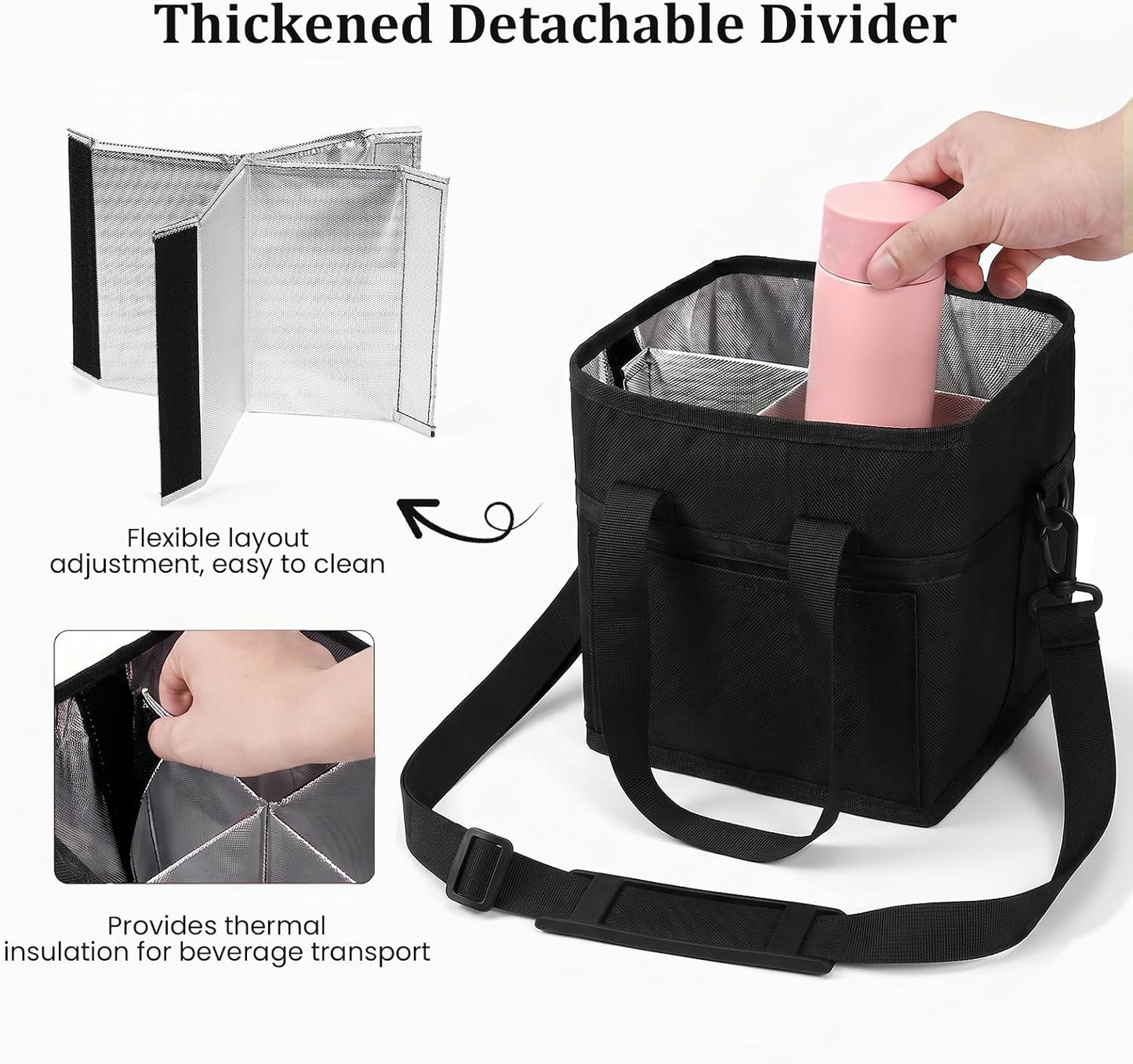 4 Compartment Insulated Drink Carrier, Family Size Water Bottle Tote with Adjustable Strap & Handle, Foldable Tumbler Caddy for Car, Travel, Picnic & Daily Use