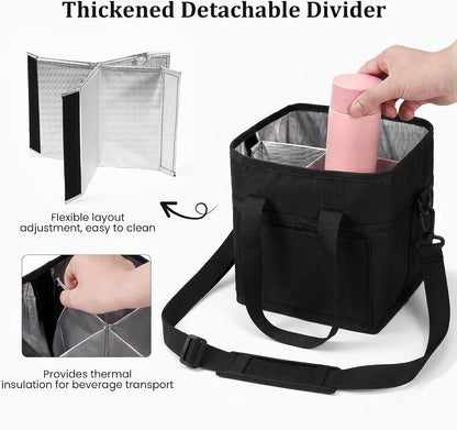 4 Compartment Insulated Drink Carrier, Family Size Water Bottle Tote with Adjustable Strap & Handle, Foldable Tumbler Caddy for Car, Travel, Picnic & Daily Use
