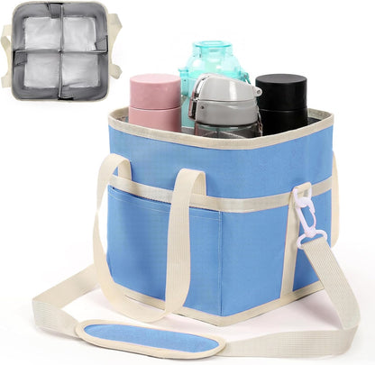 4 Compartment Insulated Drink Carrier, Family Size Water Bottle Tote with Adjustable Strap & Handle, Foldable Tumbler Caddy for Car, Travel, Picnic & Daily Use