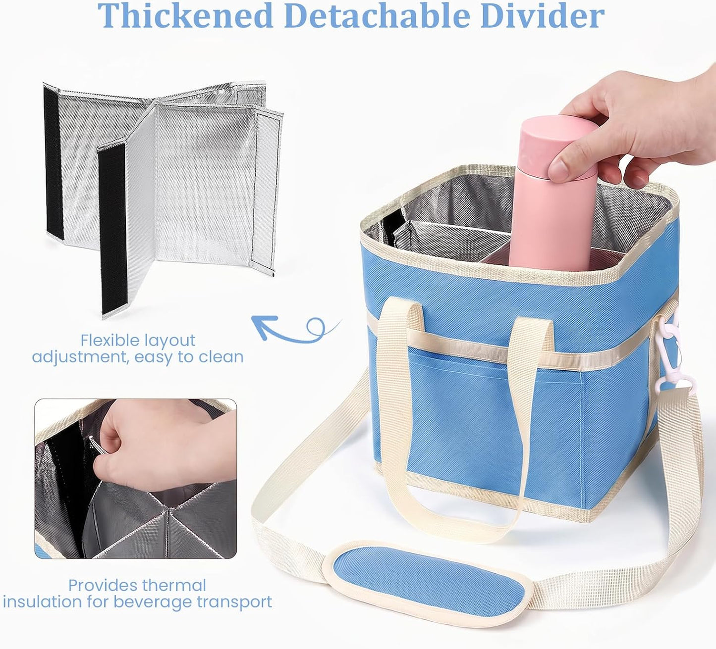 4 Compartment Insulated Drink Carrier, Family Size Water Bottle Tote with Adjustable Strap & Handle, Foldable Tumbler Caddy for Car, Travel, Picnic & Daily Use