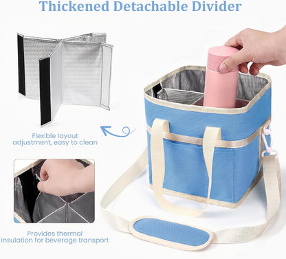 4 Compartment Insulated Drink Carrier, Family Size Water Bottle Tote with Adjustable Strap & Handle, Foldable Tumbler Caddy for Car, Travel, Picnic & Daily Use