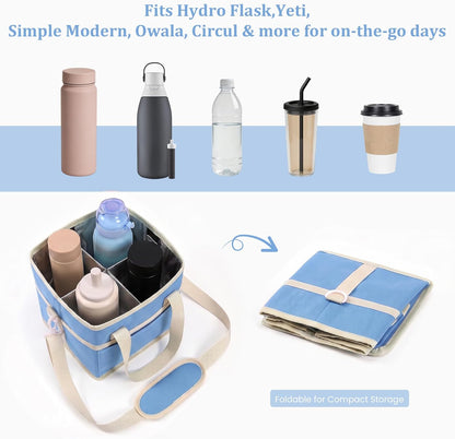 4 Compartment Insulated Drink Carrier, Family Size Water Bottle Tote with Adjustable Strap & Handle, Foldable Tumbler Caddy for Car, Travel, Picnic & Daily Use
