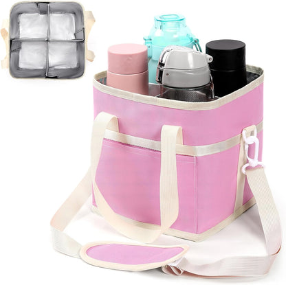 4 Compartment Insulated Drink Carrier, Family Size Water Bottle Tote with Adjustable Strap & Handle, Foldable Tumbler Caddy for Car, Travel, Picnic & Daily Use