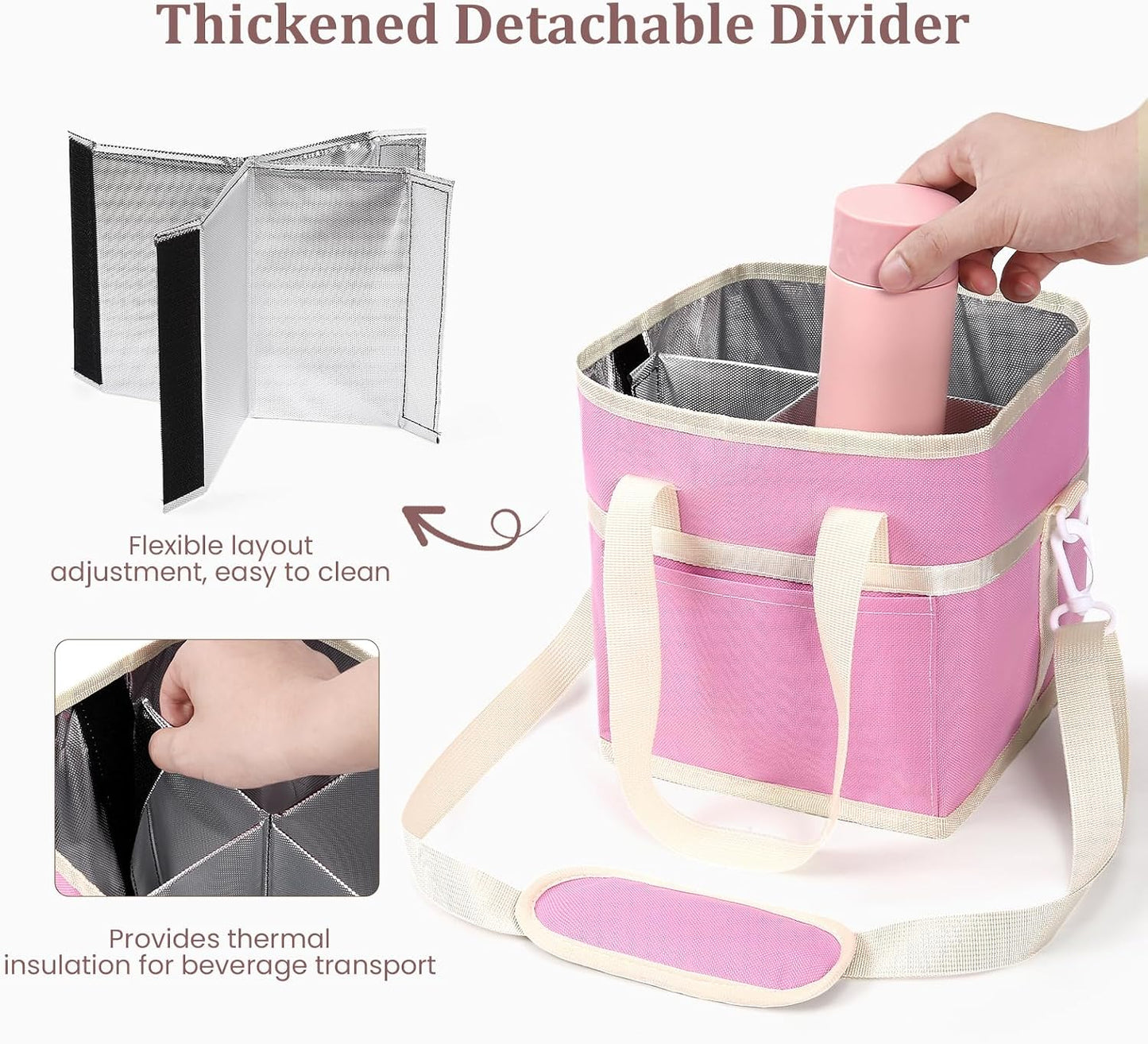 4 Compartment Insulated Drink Carrier, Family Size Water Bottle Tote with Adjustable Strap & Handle, Foldable Tumbler Caddy for Car, Travel, Picnic & Daily Use