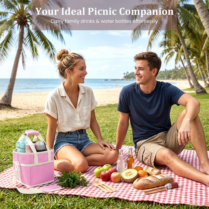 4 Compartment Insulated Drink Carrier, Family Size Water Bottle Tote with Adjustable Strap & Handle, Foldable Tumbler Caddy for Car, Travel, Picnic & Daily Use