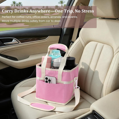 4 Compartment Insulated Drink Carrier, Family Size Water Bottle Tote with Adjustable Strap & Handle, Foldable Tumbler Caddy for Car, Travel, Picnic & Daily Use