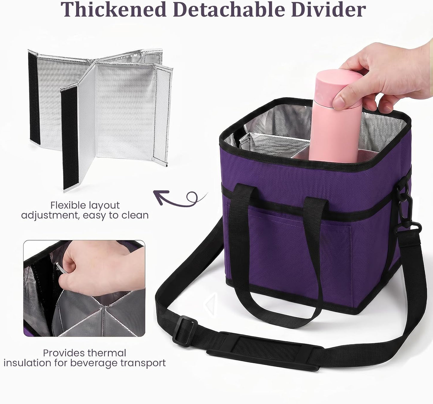 4 Compartment Insulated Drink Carrier, Family Size Water Bottle Tote with Adjustable Strap & Handle, Foldable Tumbler Caddy for Car, Travel, Picnic & Daily Use