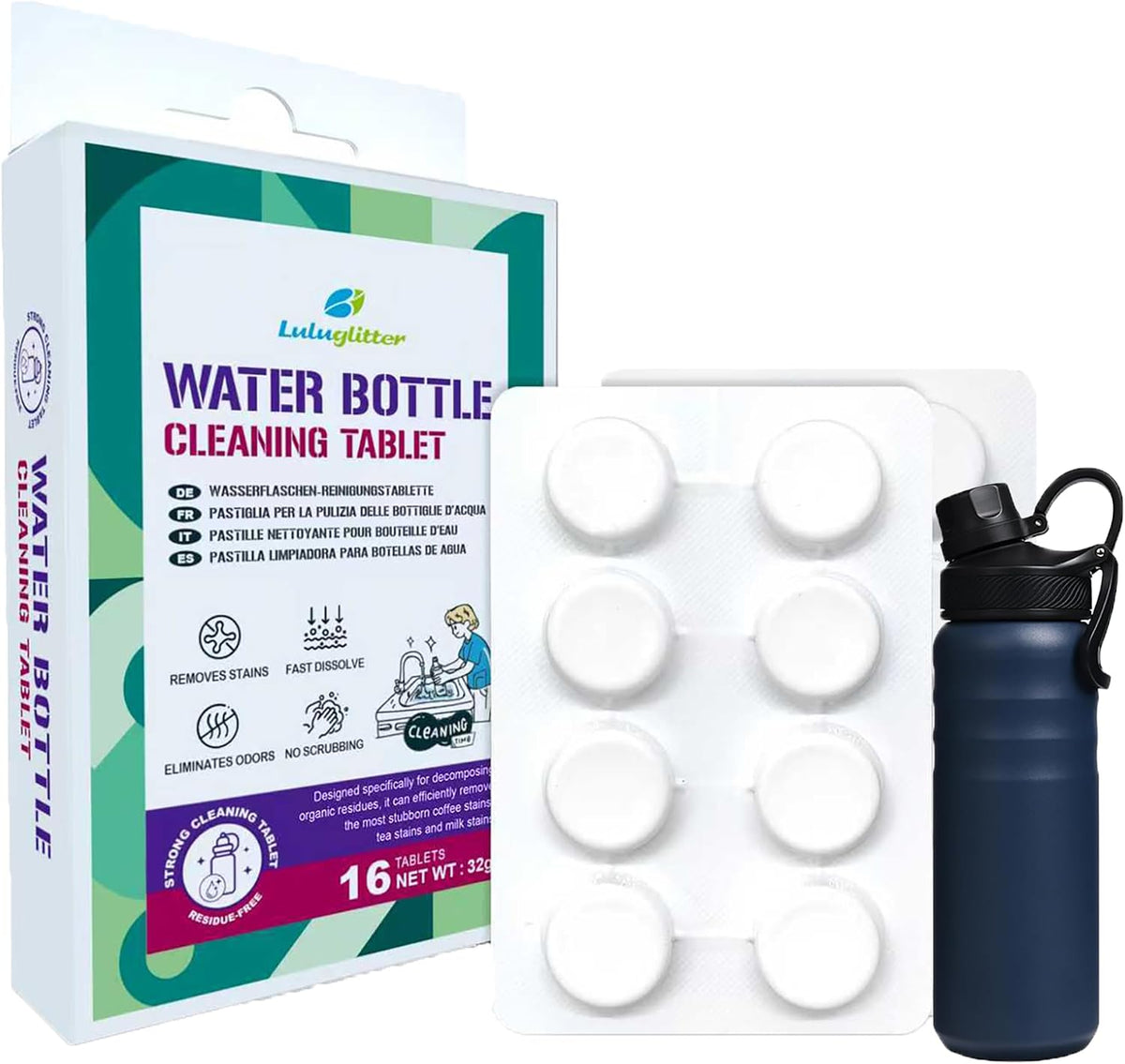 Water Bottle Cleaning Tablets for Bottle Bright 16 tabs blister Safe to Use