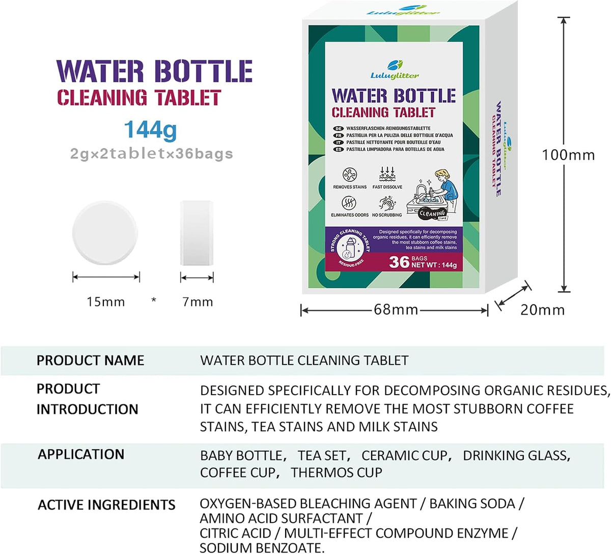 Water Bottle Cleaning Tablets for Bottle Bright 16 tabs blister Safe to Use
