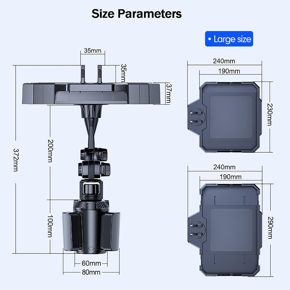 Cup Holder Tray, Detachable 360° Rotatable w/Phone Mount, Fits 2.6‑3.9 Inch