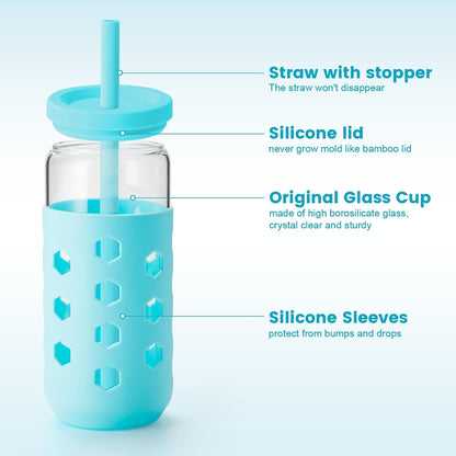 16 oz Glass Cups with Lids and Straws for Gift, 4-Pack, Mint