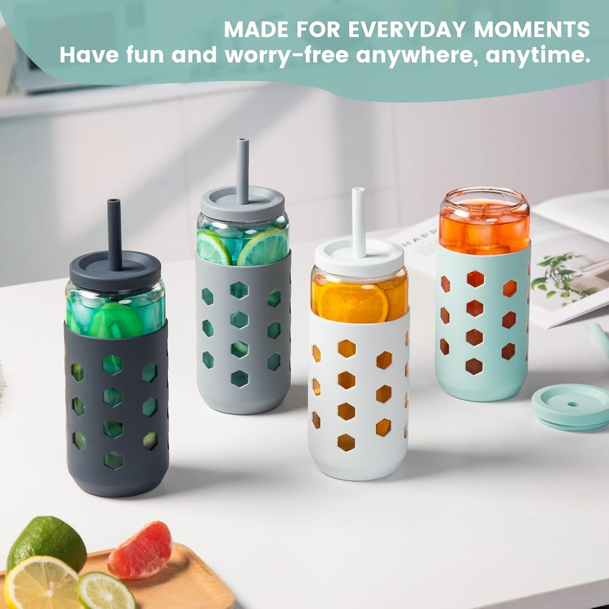 16 oz Glass Cups with Lids and Straws for Gift, 4-Pack, Mint