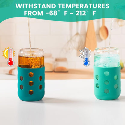 16 oz Glass Cups with Lids and Straws for Gift, 4-Pack, Mint