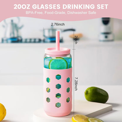 16 oz Glass Cups with Lids and Straws for Gift, 4-Pack, Mint