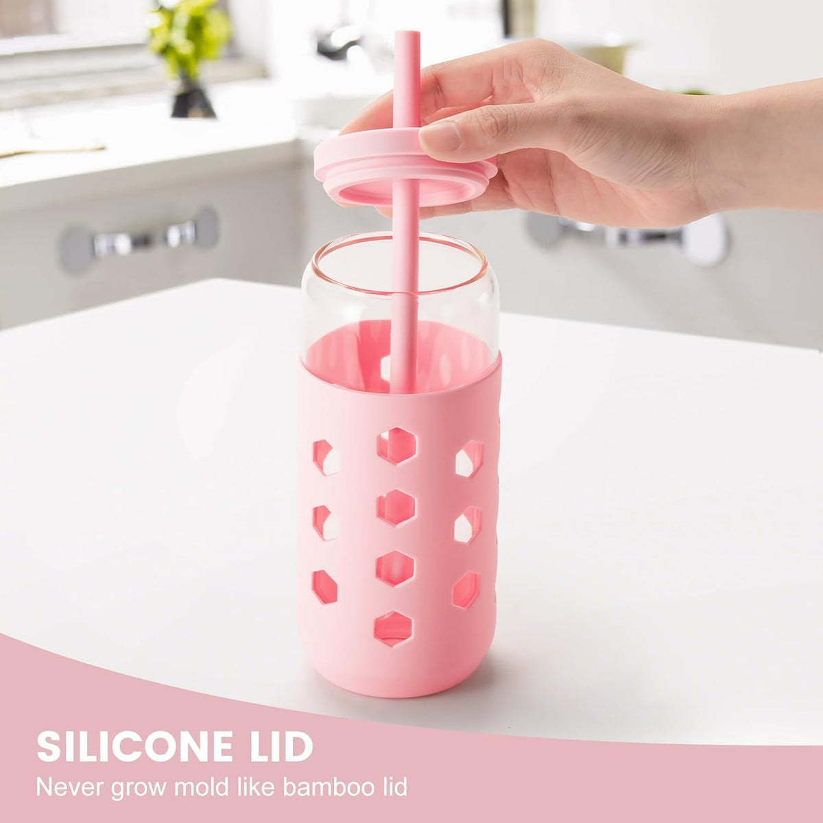16 oz Glass Cups with Lids and Straws for Gift, 4-Pack, Mint
