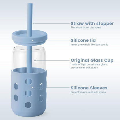 16 oz Glass Cups with Lids and Straws for Gift, 4-Pack, Mint
