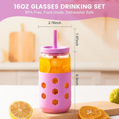 16 oz Glass Cups with Lids and Straws for Gift, 4-Pack, Mint