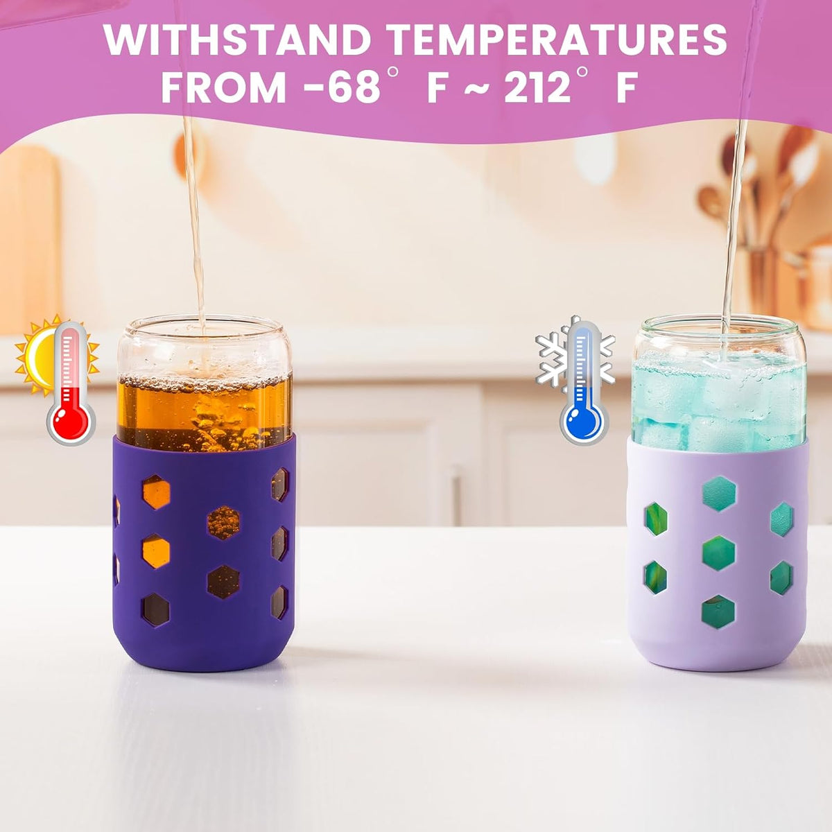 16 oz Glass Cups with Lids and Straws for Gift, 4-Pack, Mint