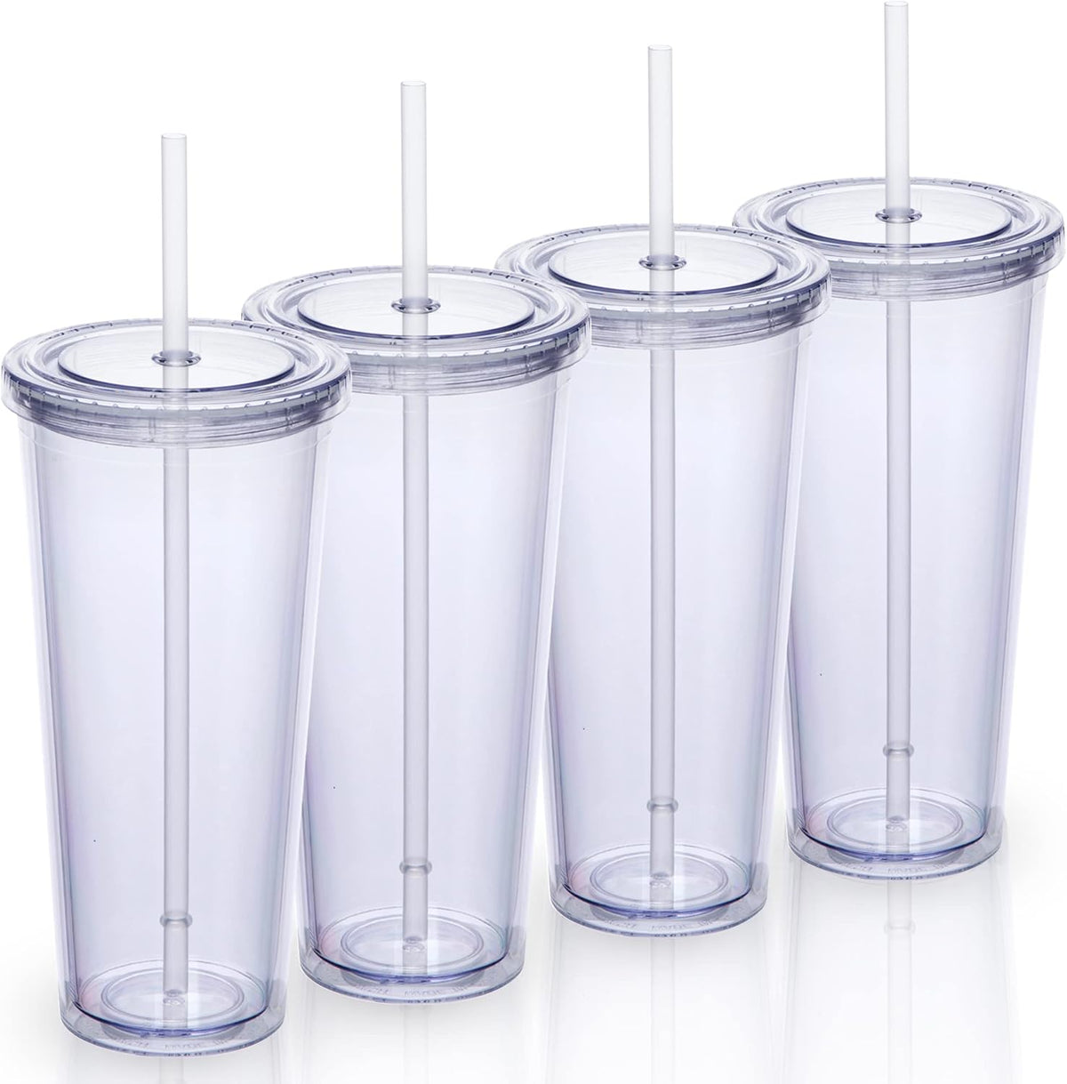 24oz Double Wall Plastic Tumblers with Lids and Straws | Large Classic Travel Tumbler | of 4 | Clear Reusable Cups with Straws | BPA Free