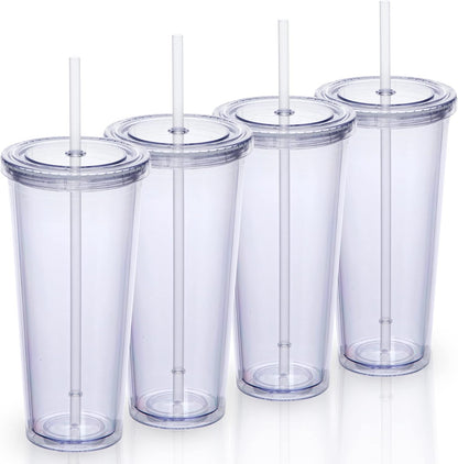 24oz Double Wall Plastic Tumblers with Lids and Straws | Large Classic Travel Tumbler | of 4 | Clear Reusable Cups with Straws | BPA Free