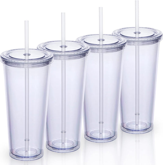 24oz Double Wall Plastic Tumblers with Lids and Straws | Large Classic Travel Tumbler | of 4 | Clear Reusable Cups with Straws | BPA Free