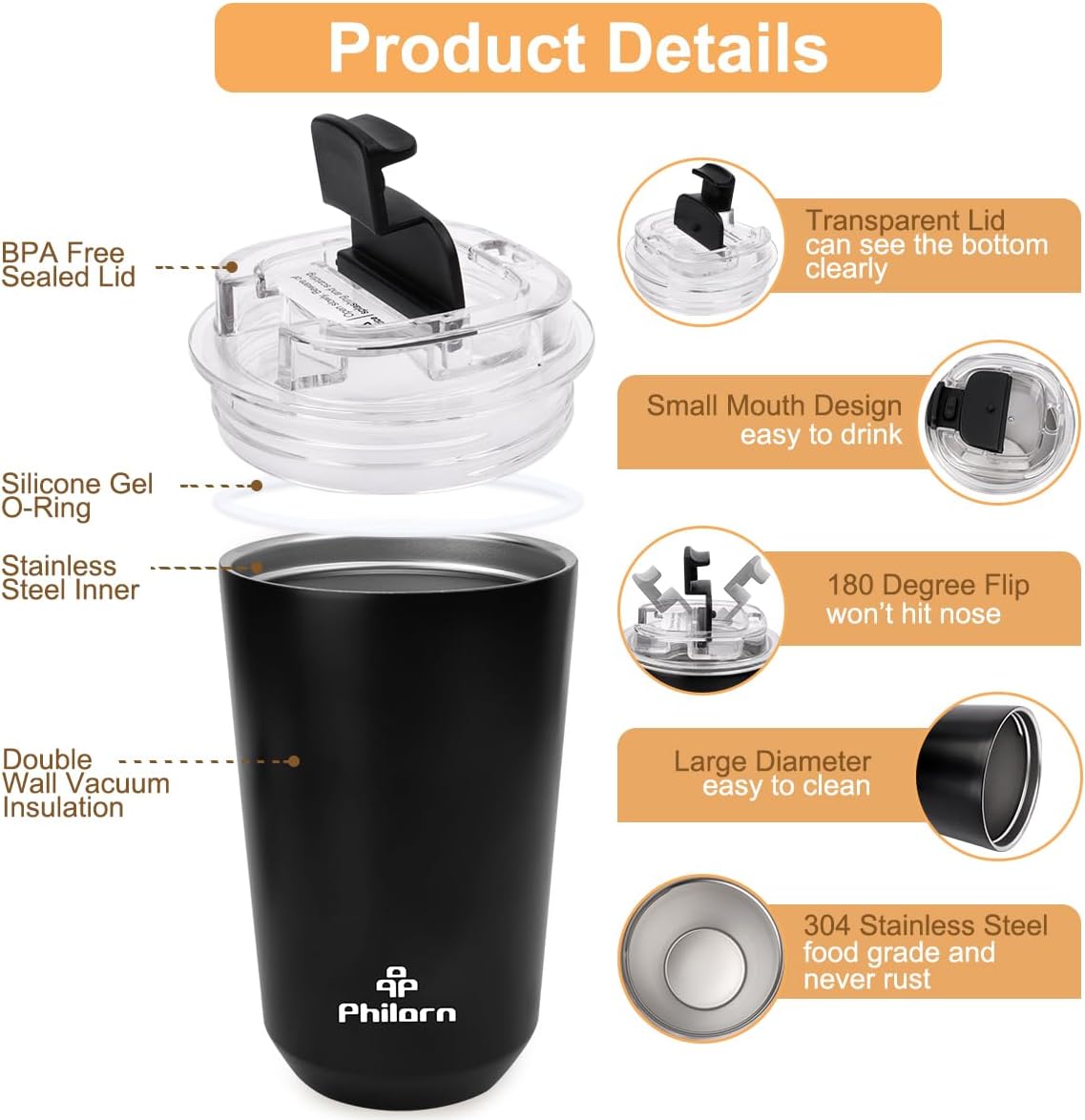 Travel Mug Spill Proof - 12 OZ Insulated Coffee Cup With Lid | Black Stainless Steel Coffee Mug with Double Wall, For Hot and Cold Drinks