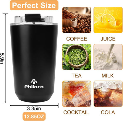 Travel Mug Spill Proof - 12 OZ Insulated Coffee Cup With Lid | Black Stainless Steel Coffee Mug with Double Wall, For Hot and Cold Drinks