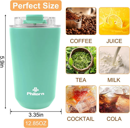 Travel Mug Spill Proof - 12 OZ Insulated Coffee Cup With Lid | Black Stainless Steel Coffee Mug with Double Wall, For Hot and Cold Drinks