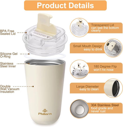 Travel Mug Spill Proof - 12 OZ Insulated Coffee Cup With Lid | Black Stainless Steel Coffee Mug with Double Wall, For Hot and Cold Drinks
