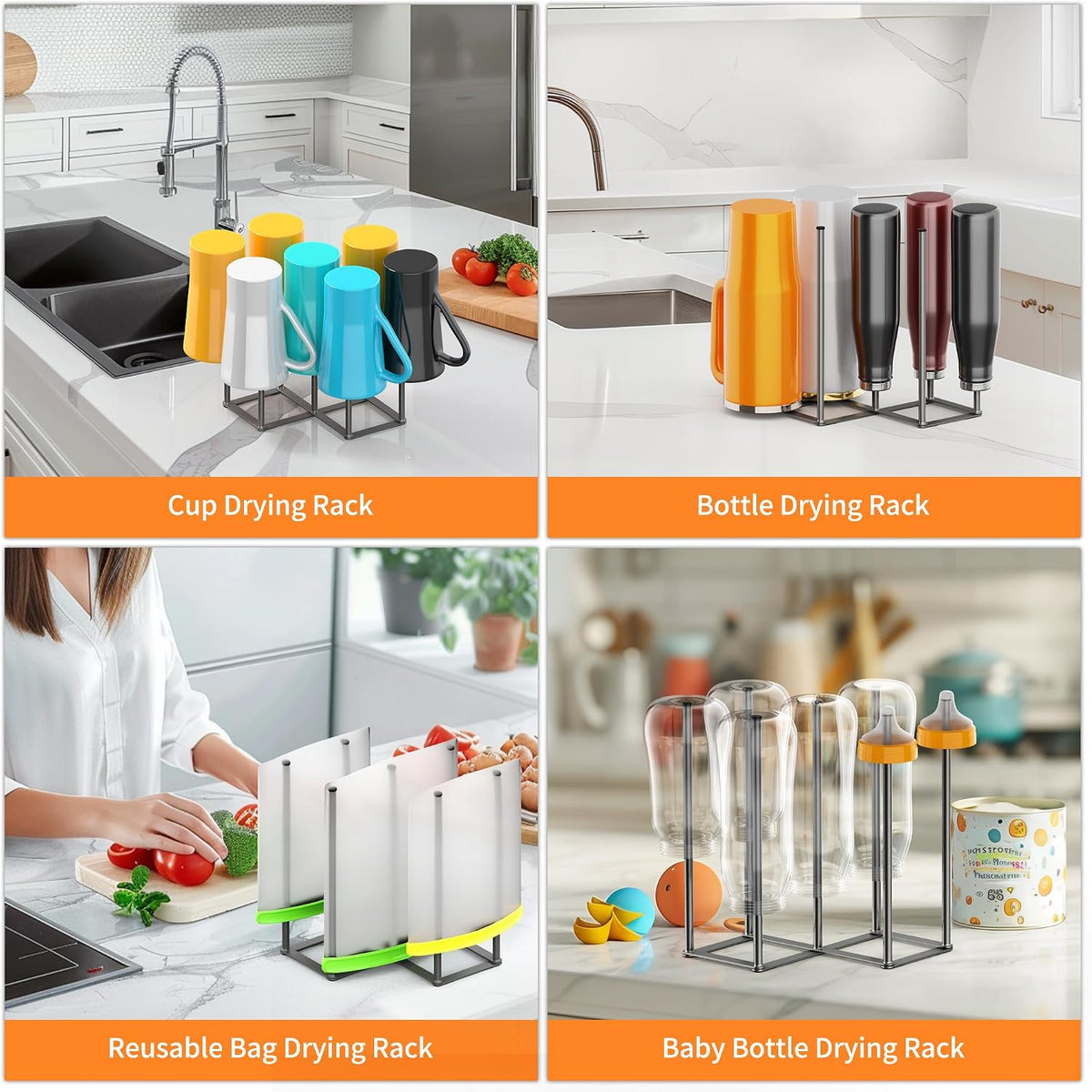 Foldable Bottle Drying Rack, Baby Bottle Drying Rack, Collapsible Cup Draining Holder, Retractable Reusable Storage Bag Dryer with Non-Slip Bottom - Stainless Steels (Silver)