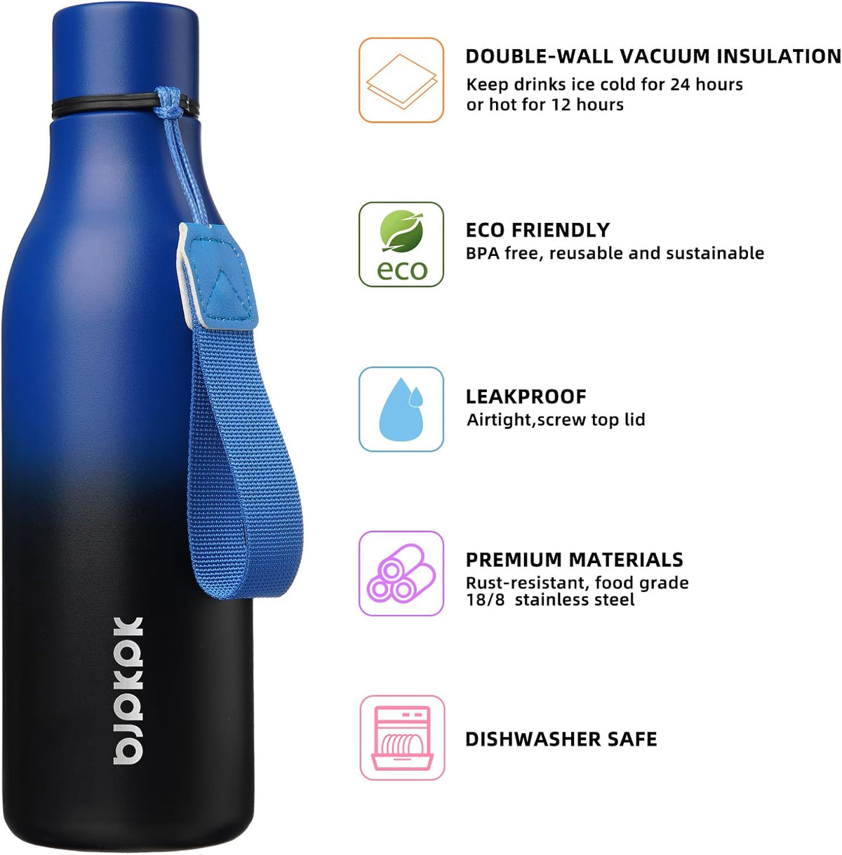 18oz Insulated Water Bottle, Stainless Steel Bottle with Carry Strap | Keep Cold & Hot Vacuum Insulation, Leak-Proof BPA-Free Design, Slim Bottle Fits Most Cup Holders for Gym, Office & Travel - Colors B