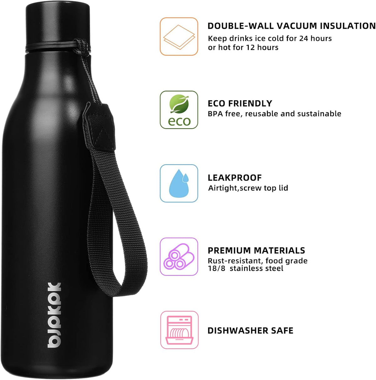 18oz Insulated Water Bottle, Stainless Steel Bottle with Carry Strap | Keep Cold & Hot Vacuum Insulation, Leak-Proof BPA-Free Design, Slim Bottle Fits Most Cup Holders for Gym, Office & Travel - Colors B