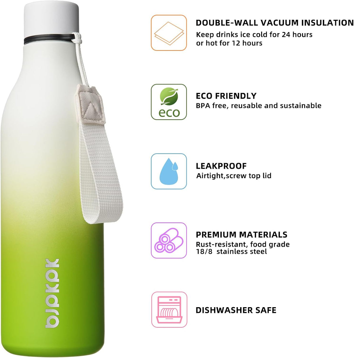 18oz Insulated Water Bottle, Stainless Steel Bottle with Carry Strap | Keep Cold & Hot Vacuum Insulation, Leak-Proof BPA-Free Design, Slim Bottle Fits Most Cup Holders for Gym, Office & Travel - Colors B