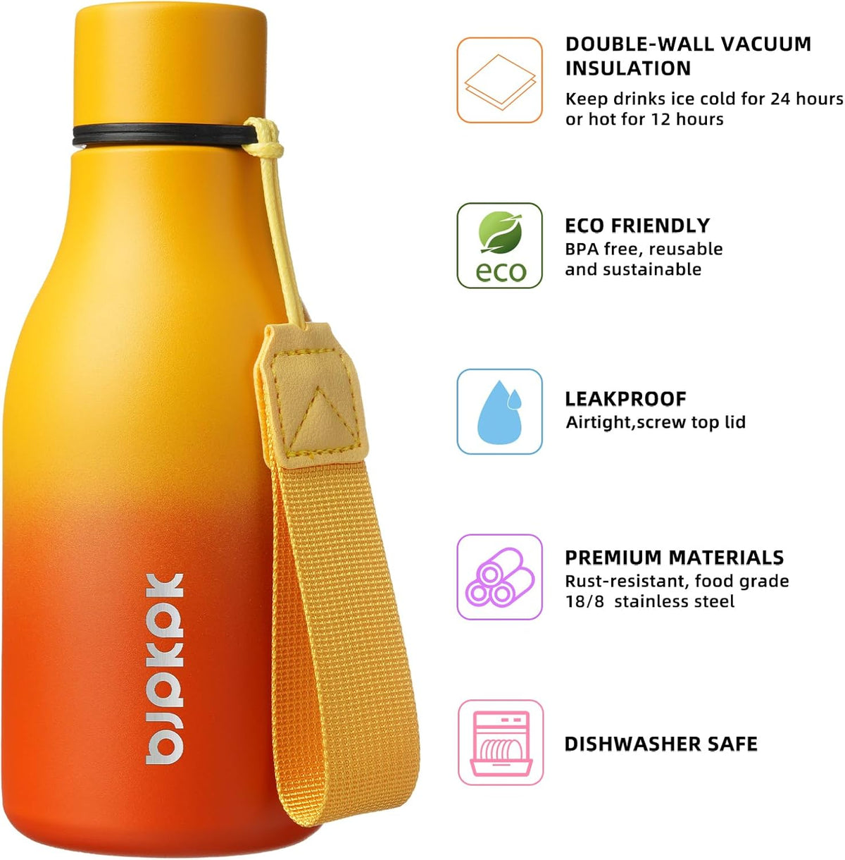 18oz Insulated Water Bottle, Stainless Steel Bottle with Carry Strap | Keep Cold & Hot Vacuum Insulation, Leak-Proof BPA-Free Design, Slim Bottle Fits Most Cup Holders for Gym, Office & Travel - Colors B