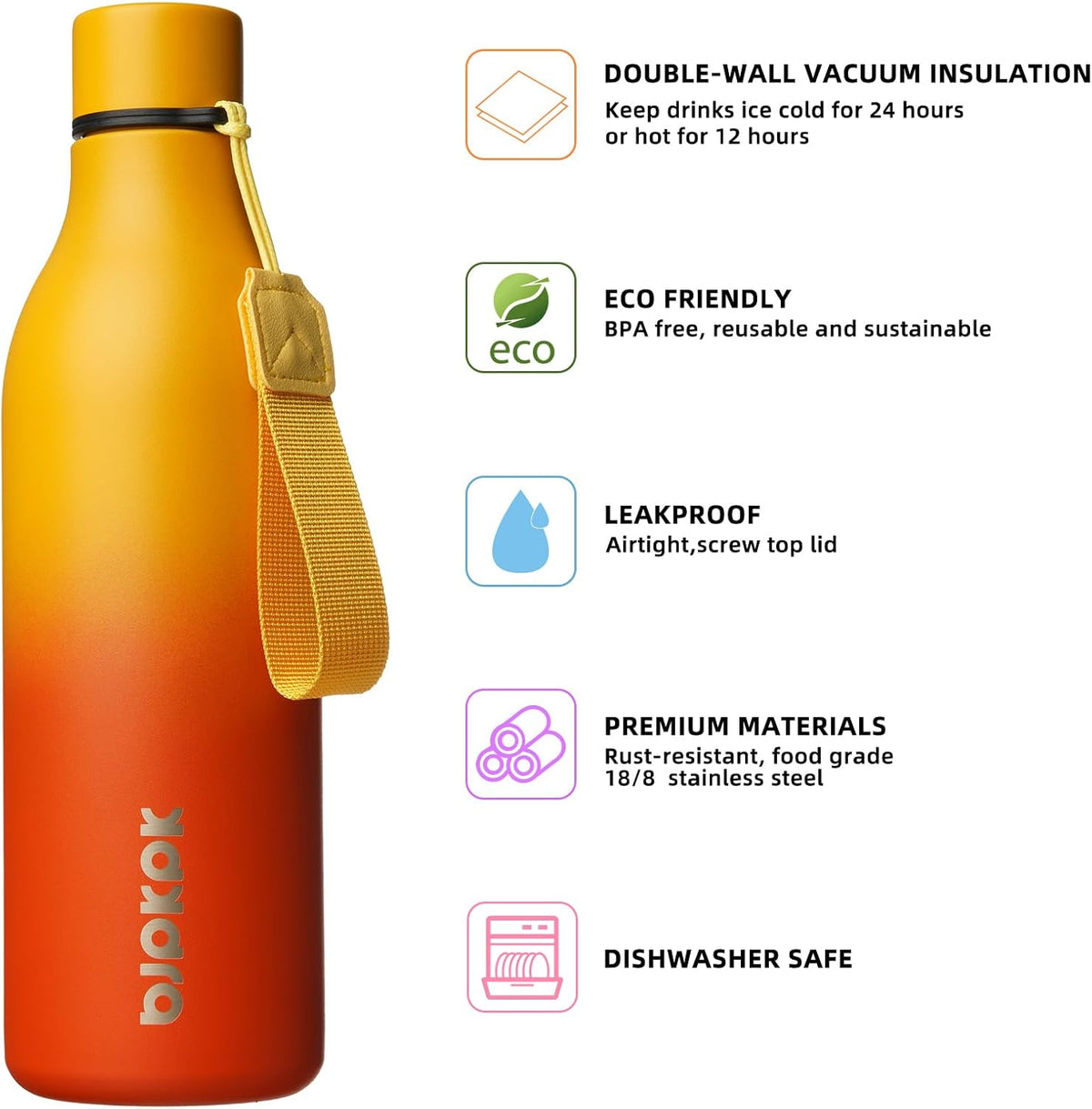 18oz Insulated Water Bottle, Stainless Steel Bottle with Carry Strap | Keep Cold & Hot Vacuum Insulation, Leak-Proof BPA-Free Design, Slim Bottle Fits Most Cup Holders for Gym, Office & Travel - Colors B