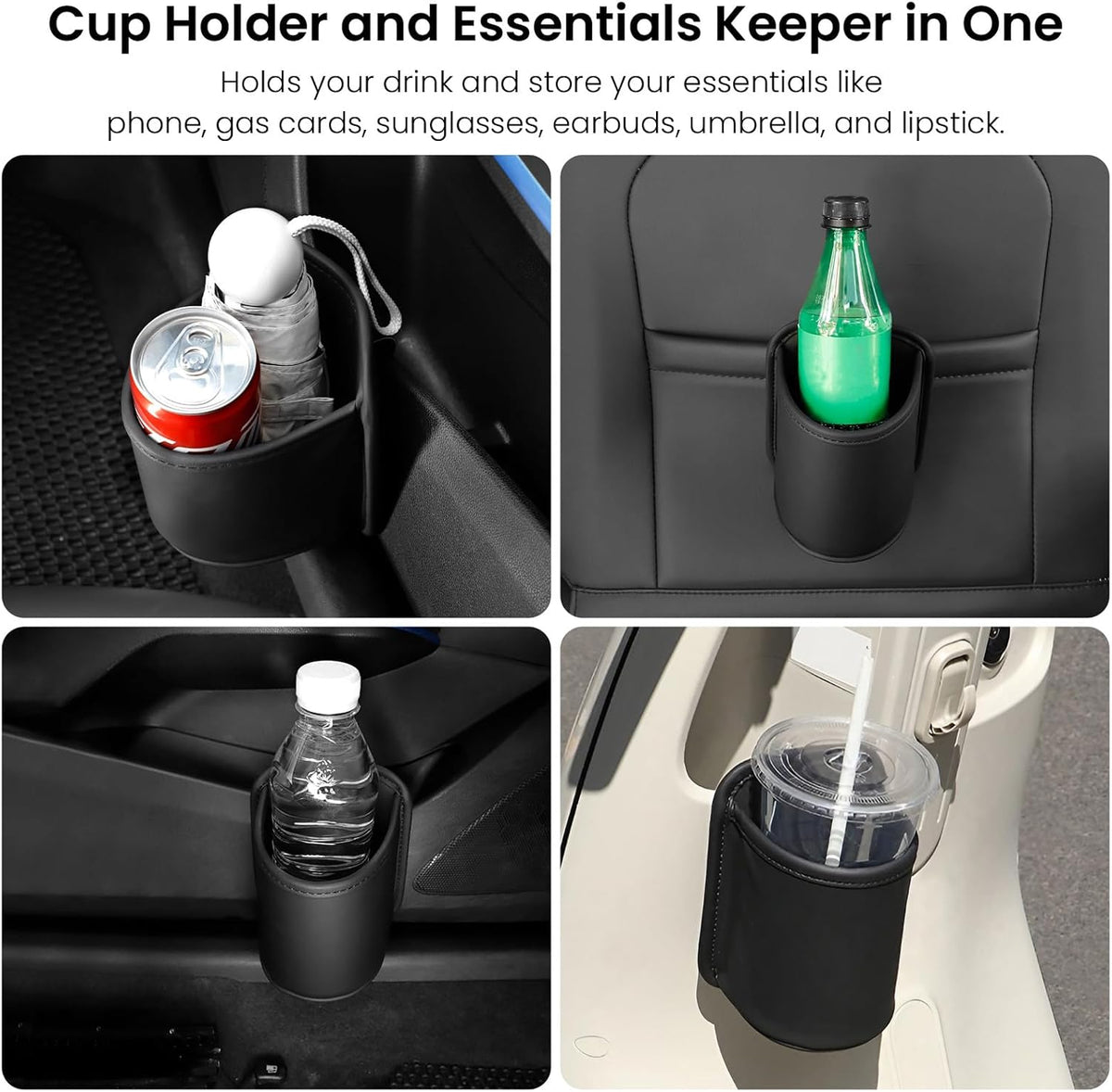 2 Pack Clip On Cup Holder for Car Door Organizer Seat Automotive Extra Drink Coffee Holders Premium PU Leather Black